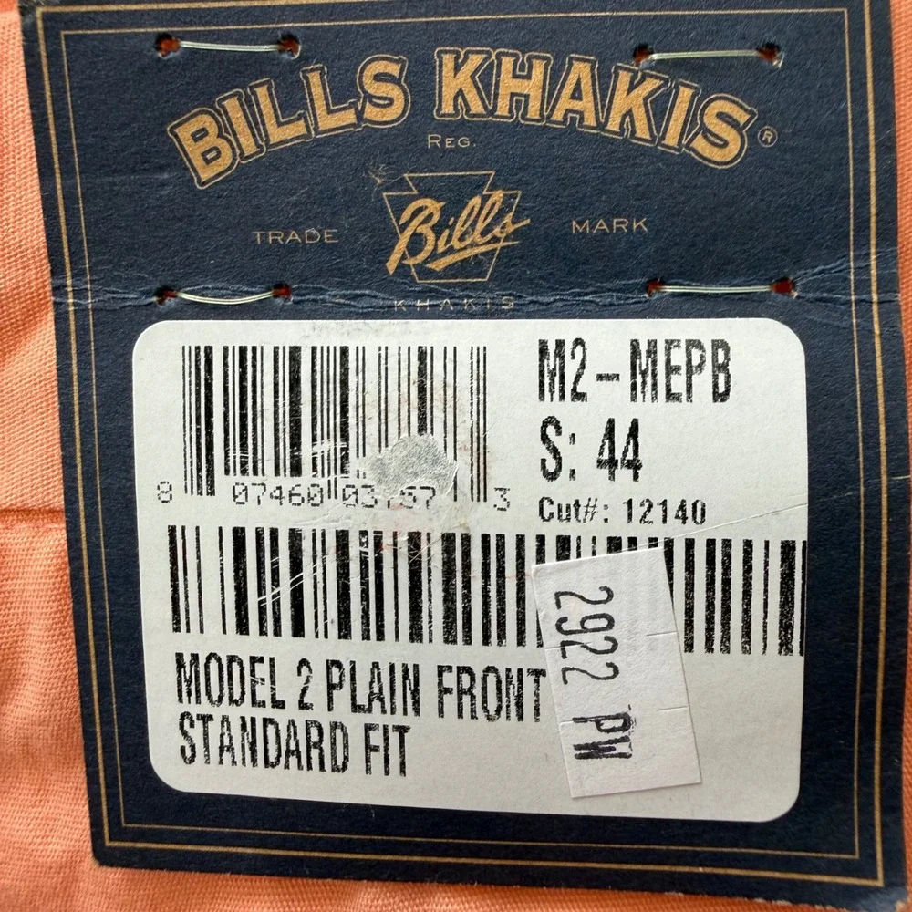 Bills Khakis M2 Model 2 Plain Front Standard Fit Poplin Pants Coral Orange 44